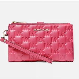 NWT Michael Kors Leather Jet Set Rubin Red Double Zip Wristlet Wallet